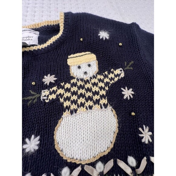 Vintage Snowman Cardigan Hand Embroidered Christopher & Banks Size L Christmas - Picture 7 of 16